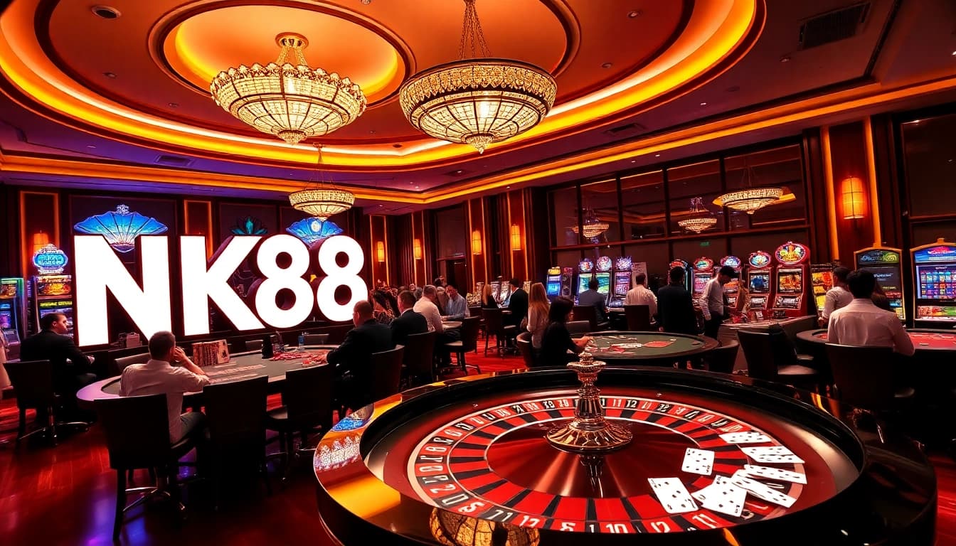 An immersive view of a casino with the NK88 logo, showcasing players at roulette and slot machines.