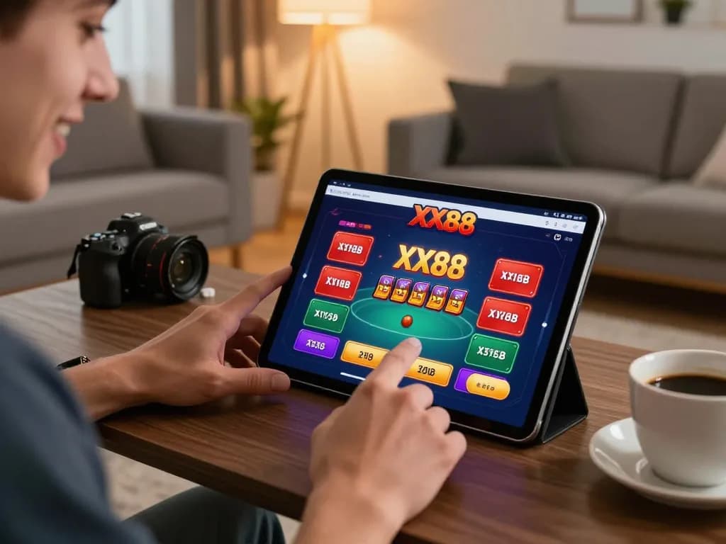 Player immersed in XX88 online casino on tablet at home, showcasing exciting gameplay and cozy atmosphere.