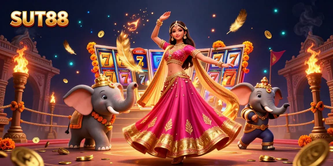 SUT88 offers exciting gambling experiences with vibrant characters enjoying slot games amidst gold coins and dynamic elements.