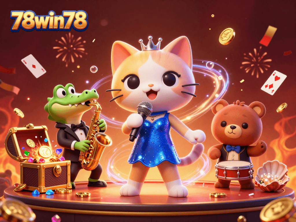 Experience exciting wins with 78win78 in a vibrant animated casino scene featuring charming characters.