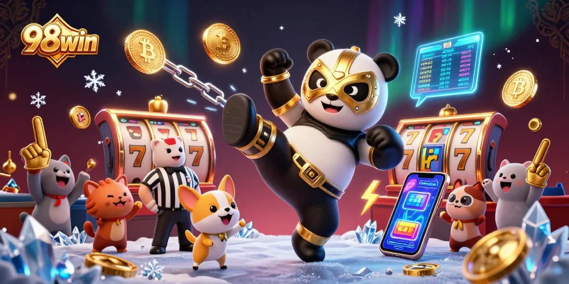 Catch the excitement of 98win as a panda wrestler delivers a flying kick amidst vibrant casino elements.