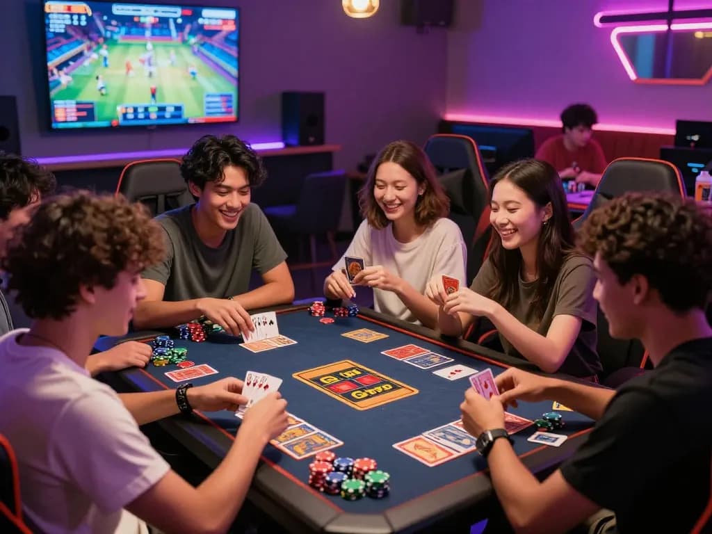 Friends enjoying Game bài in a lively gaming lounge with colorful chips and cards.