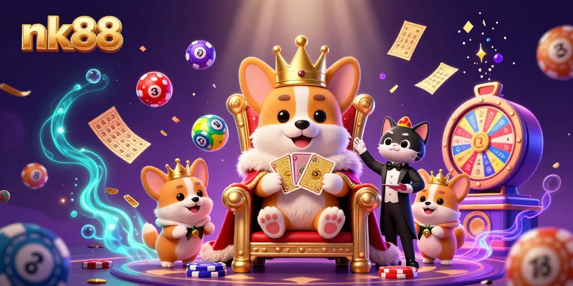 Join the fun at nk88 with vibrant casino elements, including a royal corgi and lively lottery balls.