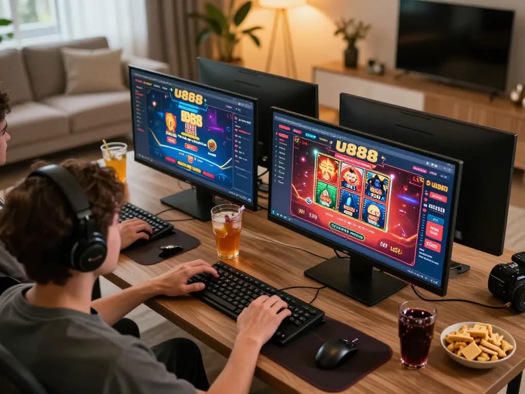 Engaging with u888 casino platform in a stylish home gaming setup.