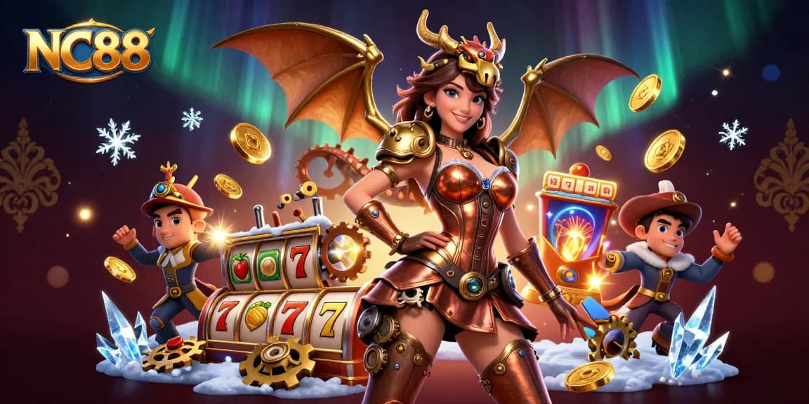 Experience the thrill of NC88 with a vibrant casino scene featuring slot reels and dynamic game elements.