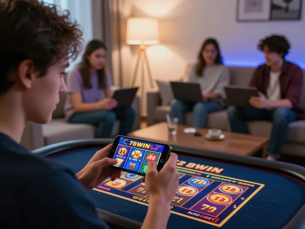Play 78WIN slot games on smartphone in a cozy home environment.