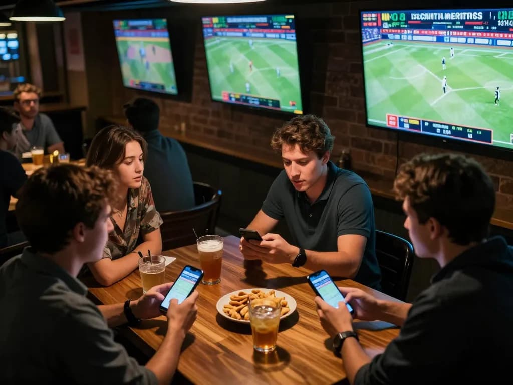 Excited patrons analyzing ty le keo nha cai 5 for live betting in a vibrant sports bar.