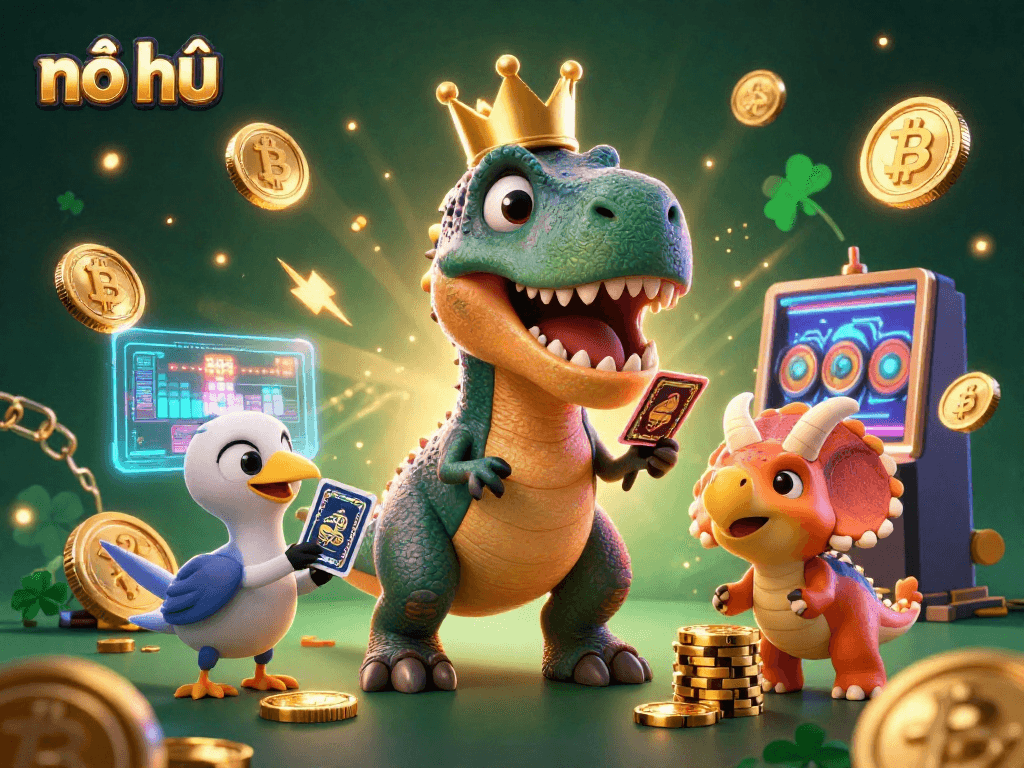Engaging nổ hũ scene with a T-Rex shuffling slots cards supported by a pterodactyl, surrounded by vibrant gaming elements.