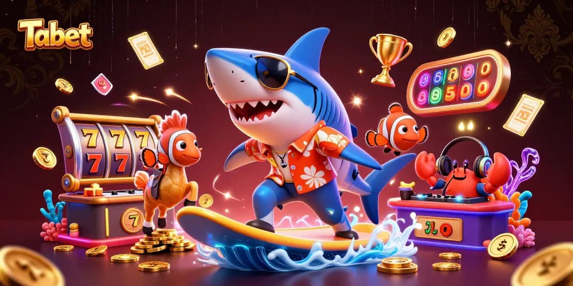 Surf thrilling with Tabet in a vibrant casino scene filled with gold coins and jubilant characters.