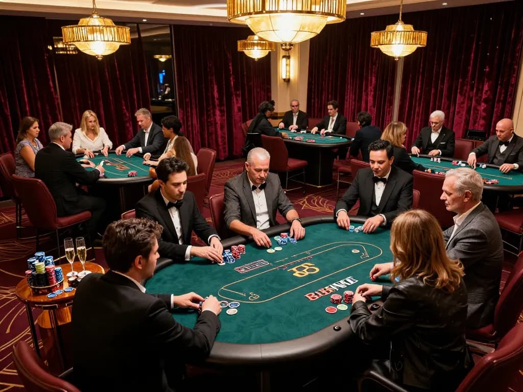 Intense poker gameplay at a luxurious VIP area featuring 888NOW, showcasing high-stakes play.