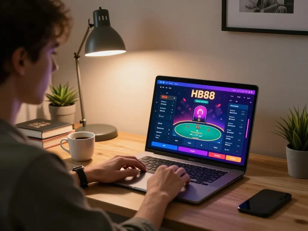 Engaging in HB88 online poker game at a stylish home office workstation with a laptop.