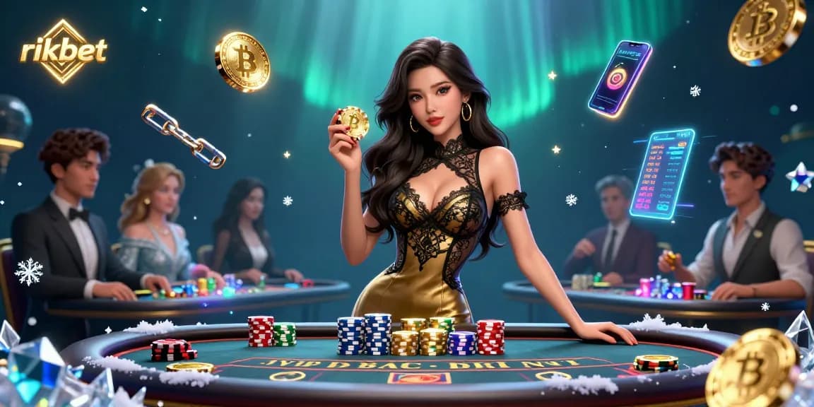 Experience the excitement of rikbet with a glamorous scene of high-stakes baccarat, showcasing crypto elements.