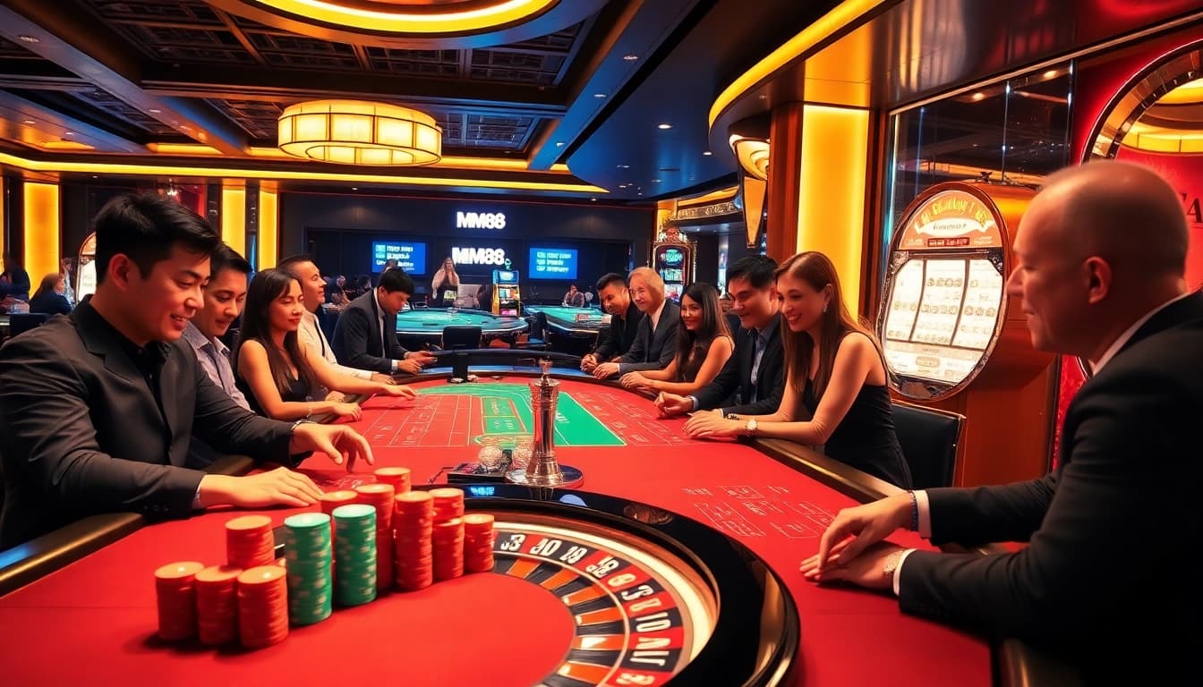 MM88 players enjoying an exciting casino atmosphere at gaming tables with vibrant lights.