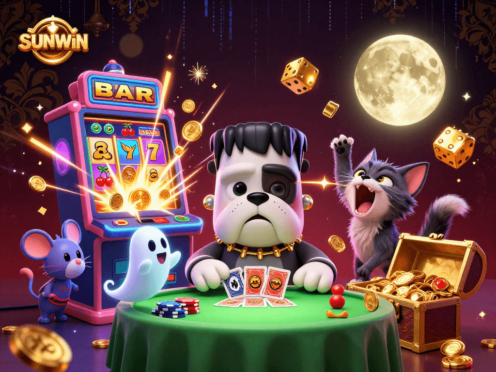 Engage in thrilling gameplay with sunwin as a playful bulldog dealer and a magical scene unfolds.