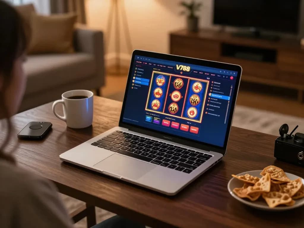 Experience dynamic online gaming with v788 as you play from a cozy home setting adorned with snacks and inviting ambiance.