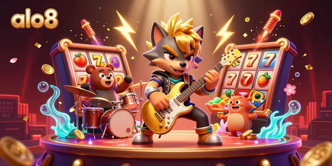 Join the excitement at alo8 casino with vibrant slot reels and lively cartoon characters.
