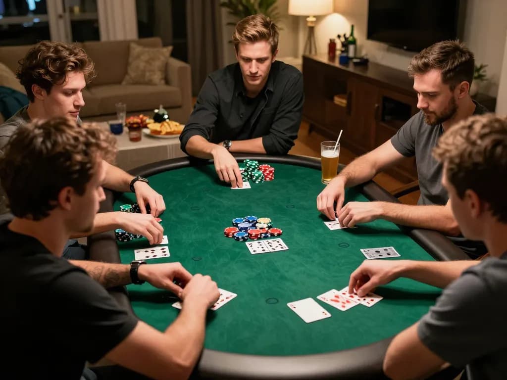 Friends strategizing during an exciting game bài go88 poker night with colorful chips and cards