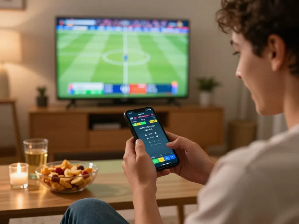 Engaged user placing live bets with Fly88 on smartphone while watching a football game.