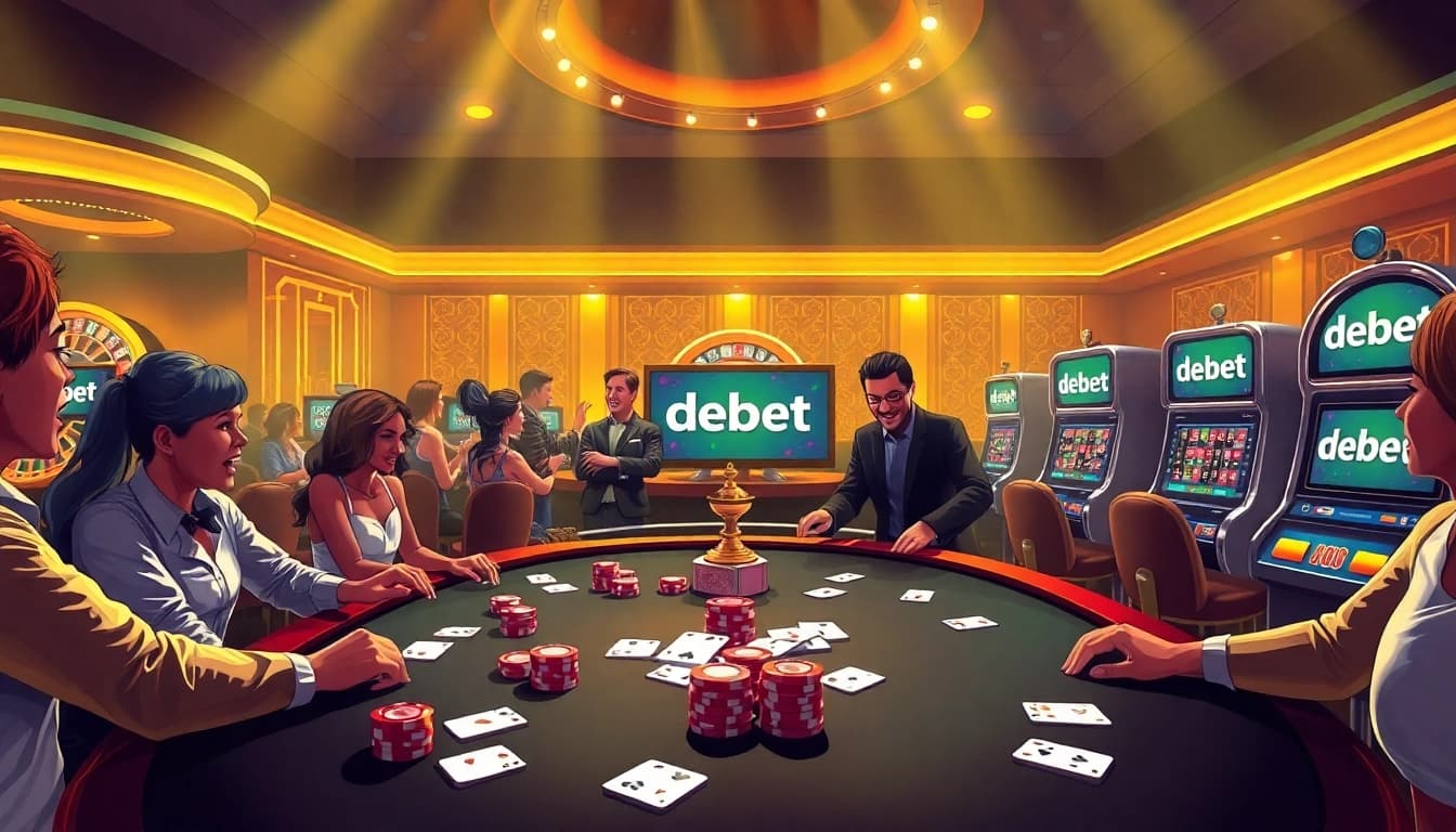 Players engaging in dynamic casino action at a luxurious table, showcasing debet branding.