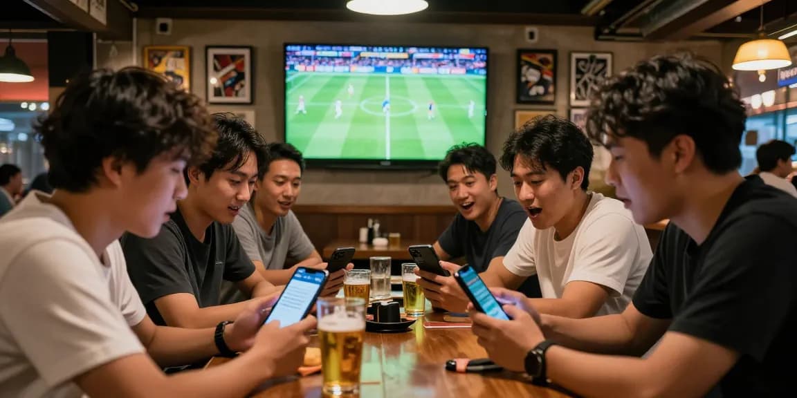 Friends in a sports bar checking ty le keo while watching a live football match.