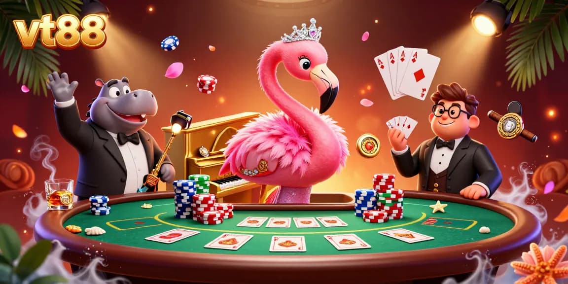 Engage in thrilling gameplay at vt88's vibrant casino scene with lively characters and rich gaming elements.