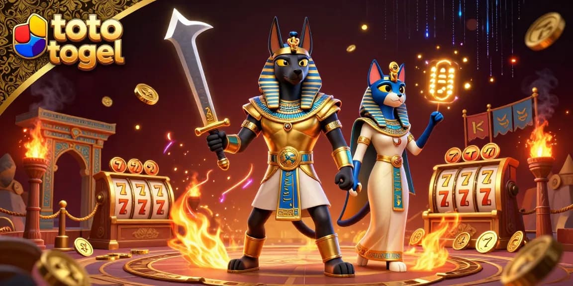 Experience the thrill of toto togel with Anubis and Bastet in a vibrant 3D casino scene filled with luck and excitement.