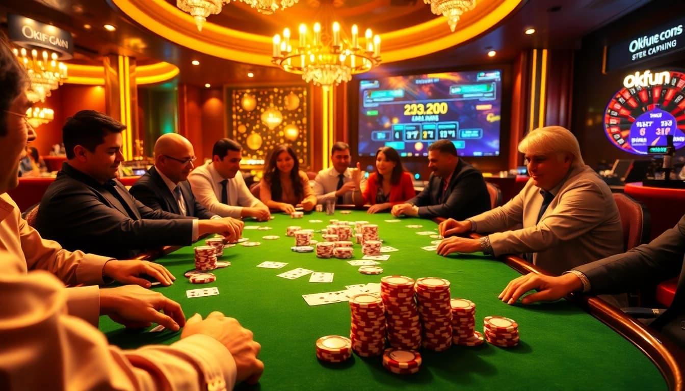 Players enjoying a thrilling game of poker at Okfun casino, showcasing vibrant chips and cards.