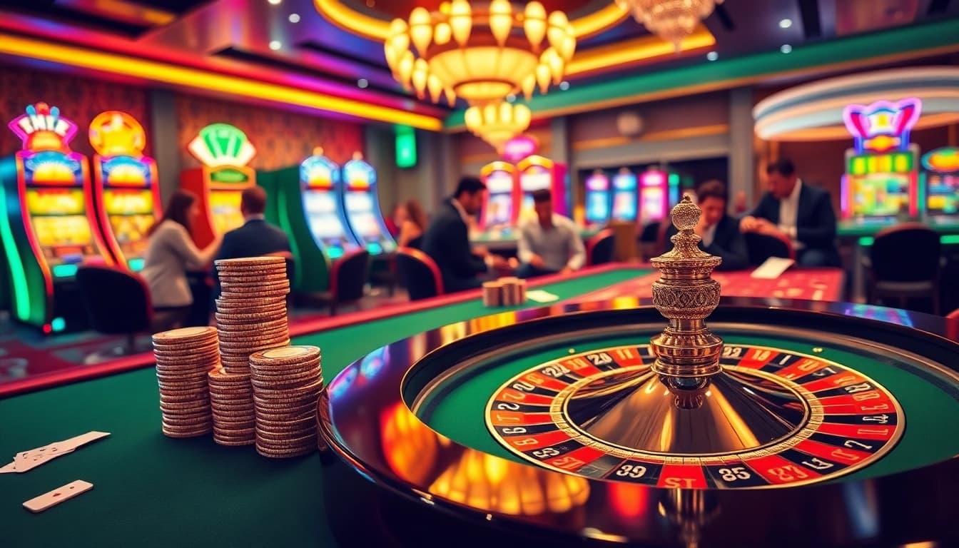 SODO CASINO 66 – Intense poker game at a luxurious casino with vibrant slot machines and roulette table.