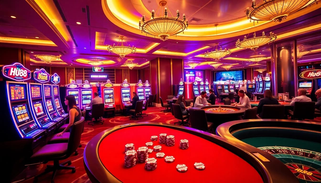 Experience exhilarating gaming at HU88 with vibrant slot machines and poker tables.