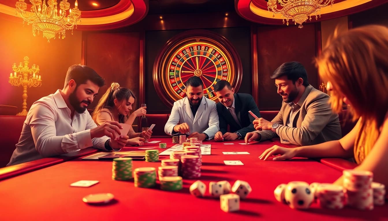 Players strategizing at a pg88 poker table amid vibrant casino atmosphere.