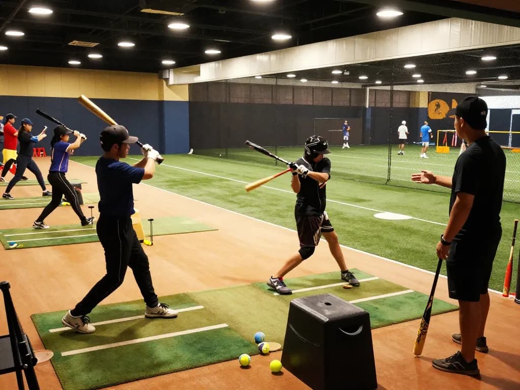 Players training at the hit club in a vibrant indoor batting cage, showcasing baseball skills development.
