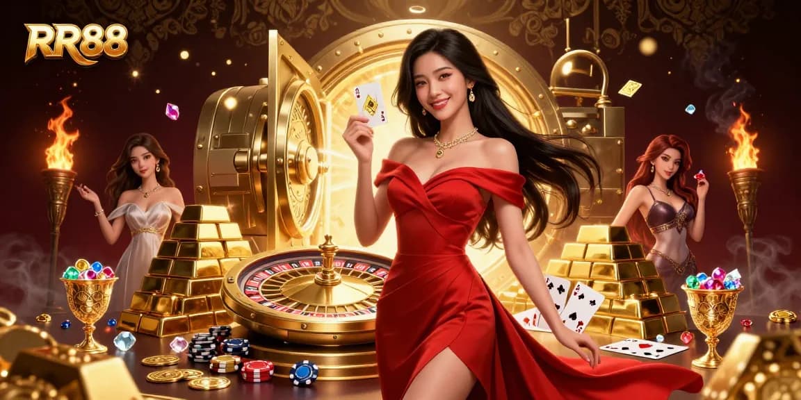 Play and win big with RR88 in a vibrant 3D casino scene featuring a stunning dealer and rich game elements.