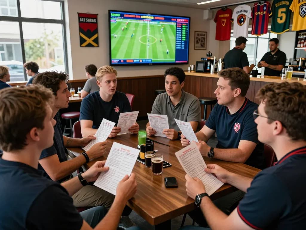 Fans engaging in sports betting while reviewing tỷ lệ kèo nhà cái in a lively lounge atmosphere