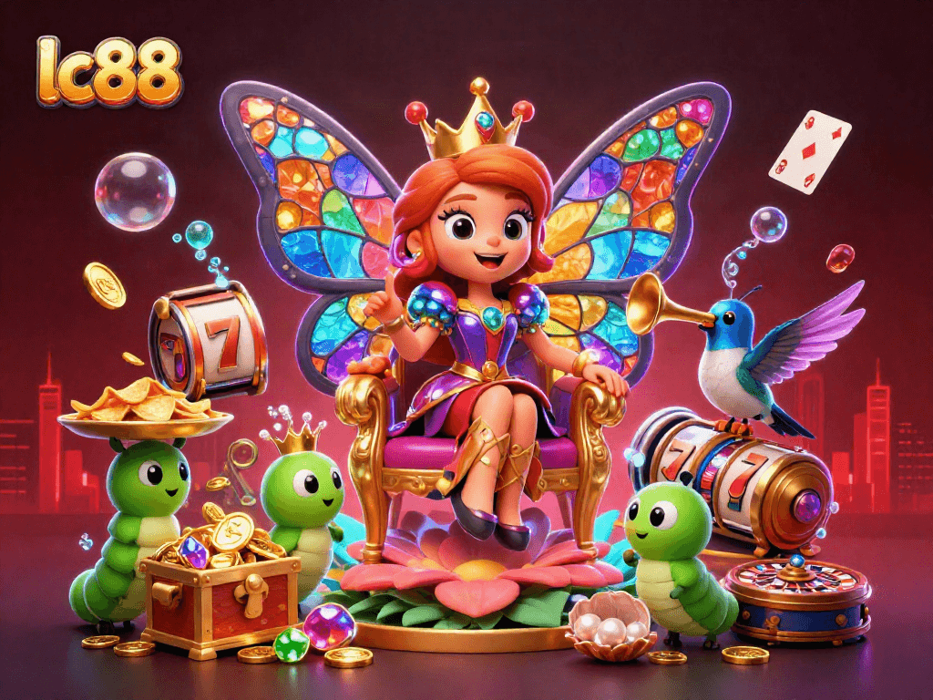 Spin the reels at lc88 casino with vibrant game symbols and enchanting characters in this lively 3D fantasy scene.