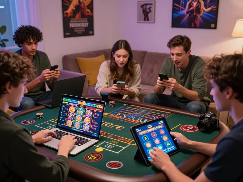 Link nhà cái Five88 - Engaging online gambling scene showcasing diverse individuals enjoying various gaming experiences.
