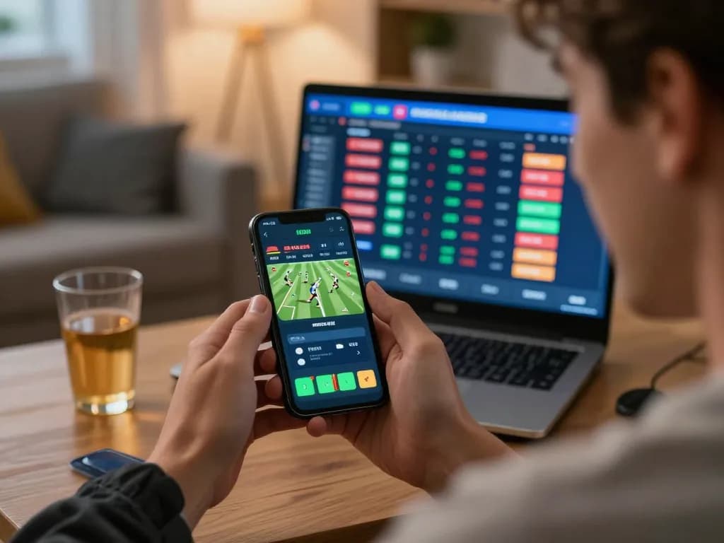 Engaging in online betting at 789win1 with smartphones and sports odds visible in a lively home setting