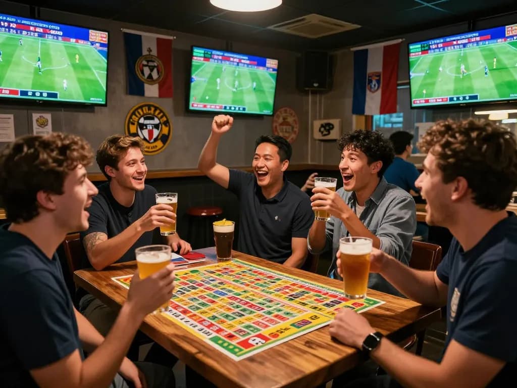 Fans celebrating tỷ lệ kèo bóng đá in a lively sports bar during a match