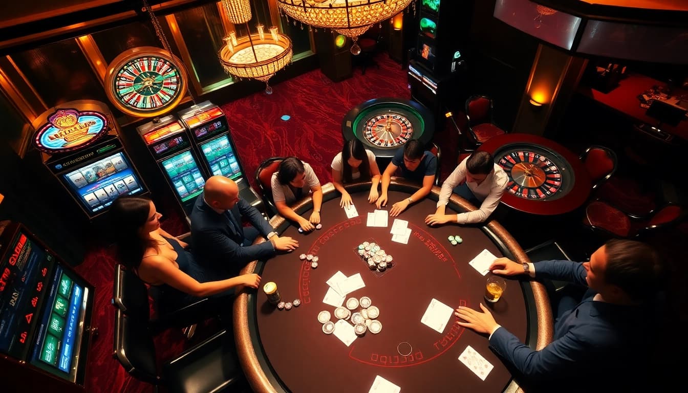 Players enjoying a vibrant poker game at TR88 casino, surrounded by slot machines and roulette wheels.