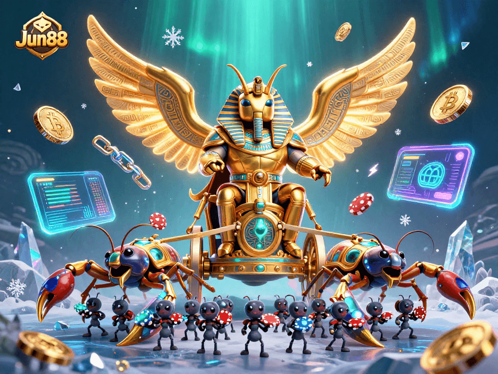 Engage in thrilling wins with Jun88's vibrant gambling scene featuring a majestic golden scarab and poker chips.