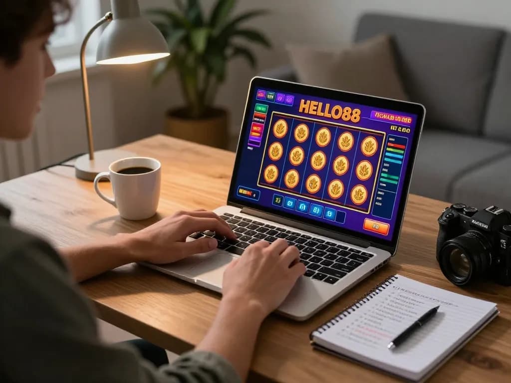 Engaging in online gaming with HELLO88 on a laptop, highlighting a cozy home setup for responsible gambling.