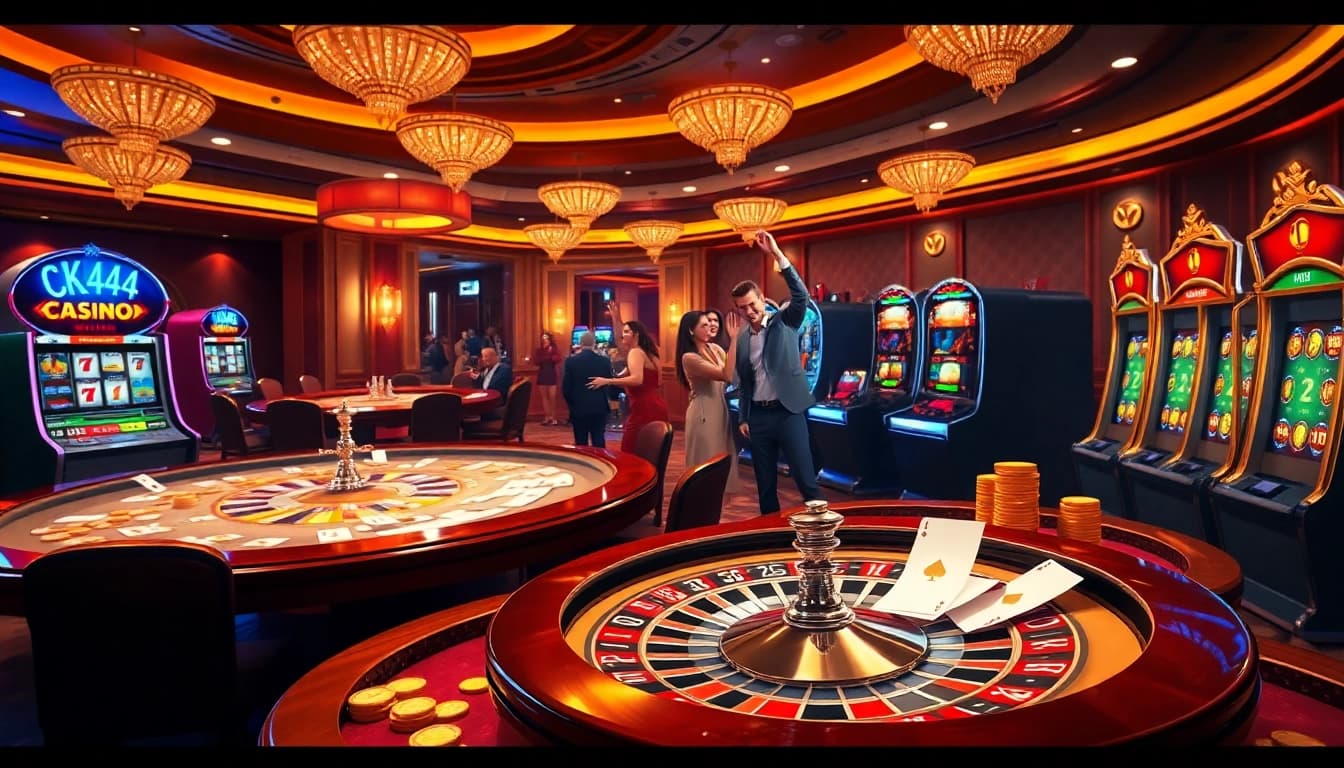 Exciting gaming action at CK444 casino with roulette, cards, and vibrant slot machines.