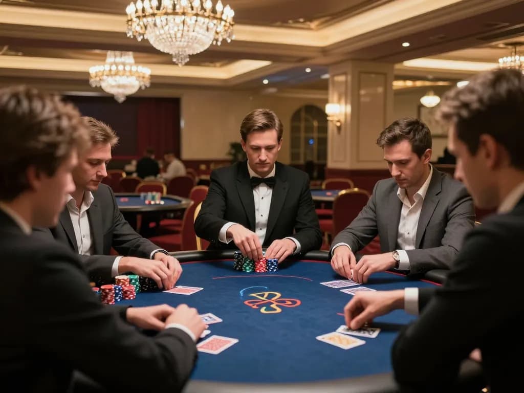 Intense poker gameplay at onbet. com, showcasing high-stakes strategy and luxurious casino ambiance