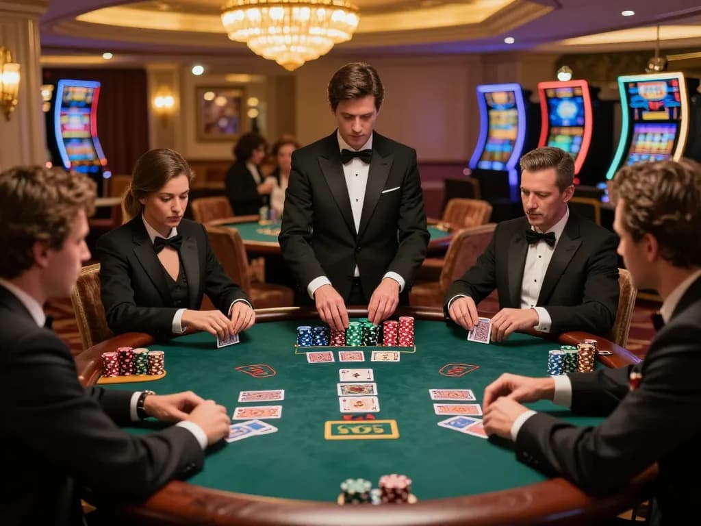 Sun win blackjack action with players engaged, high-stakes betting atmosphere in luxurious casino setting.