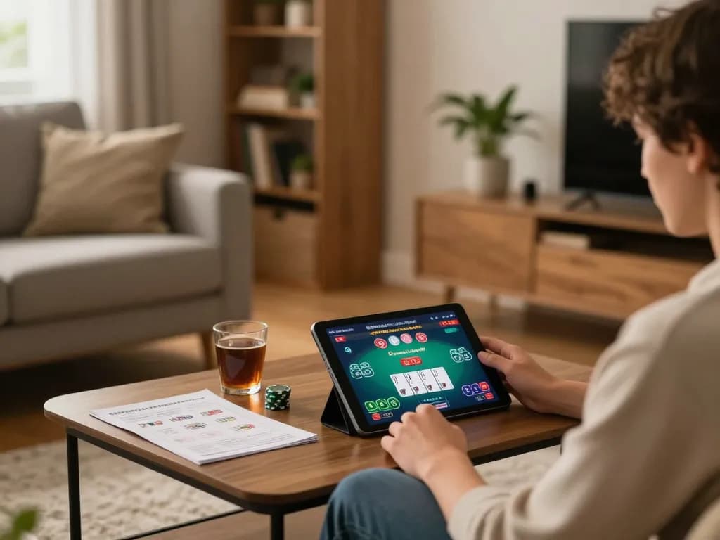 Player engaging with live casino games via lv88 com on a tablet, enjoying a strategic gambling experience at home.