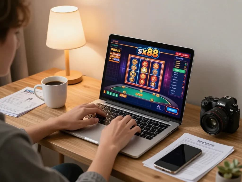 Sitting at home gaming with a laptop for sx88 casino, showcasing vibrant slot screens and strategic notes.