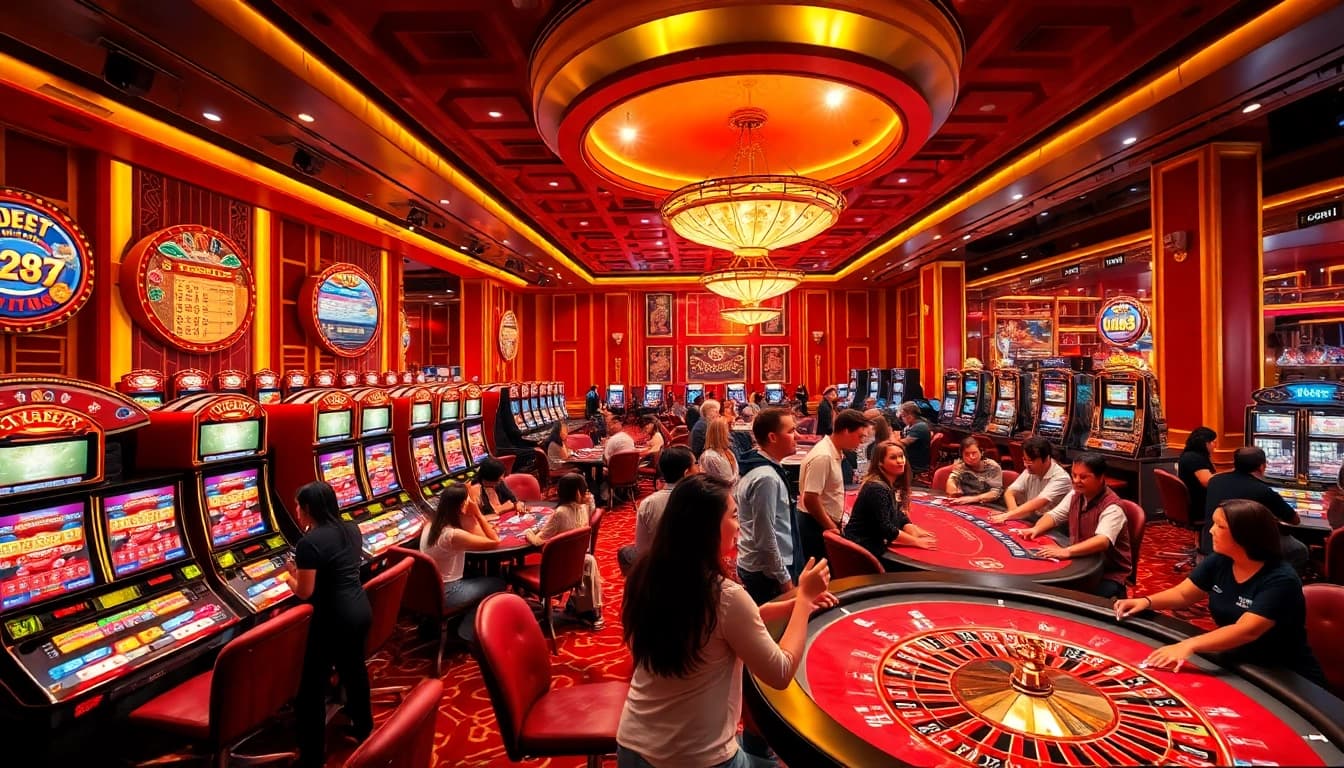 Exciting gameplay scene at hm88 com vn casino with vibrant slot machines and roulette.