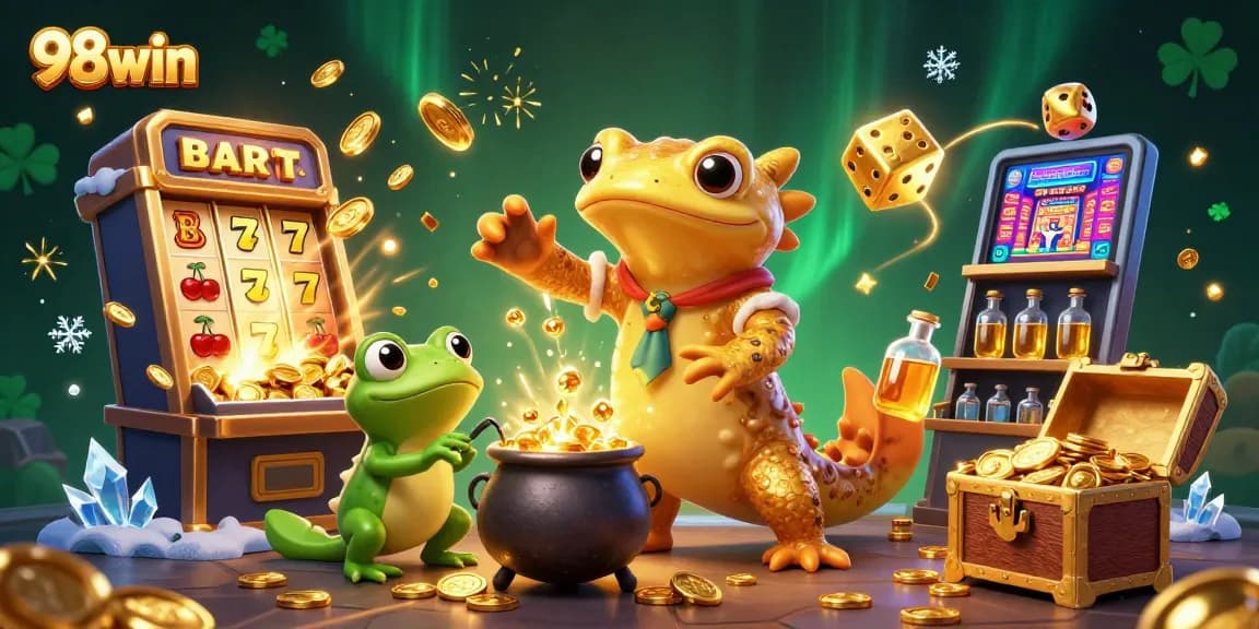 Experience exhilarating wins at 98win with a vibrant scene of golden alchemy and dynamic casino action.