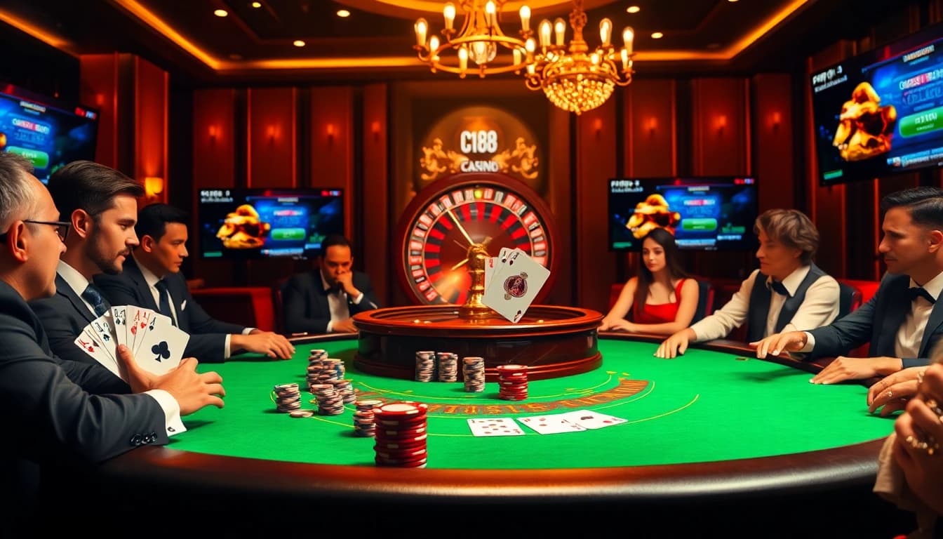 C168 poker players enjoying a game at a luxury casino table with vibrant chips and cards.