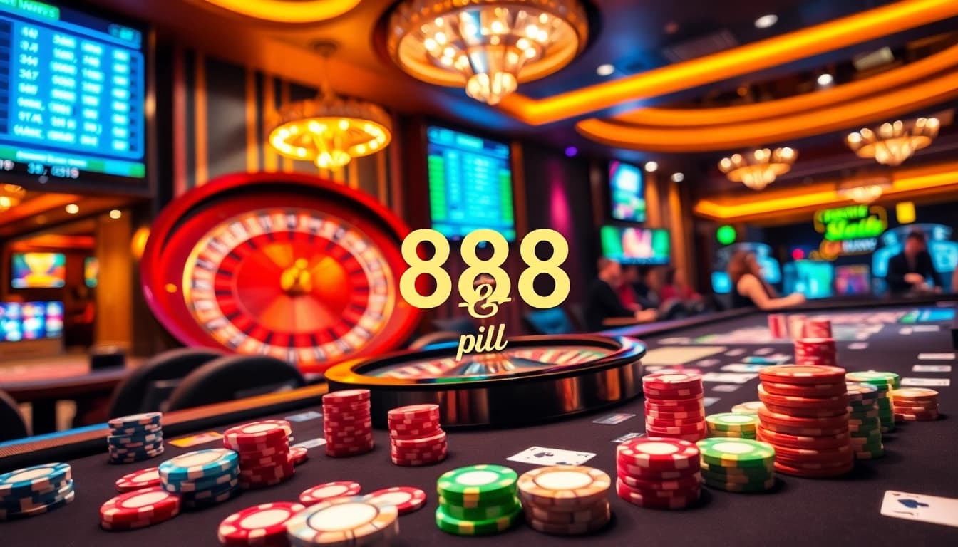 Experience the thrill of betting with 888b at an engaging modern casino table featuring cards and poker chips.