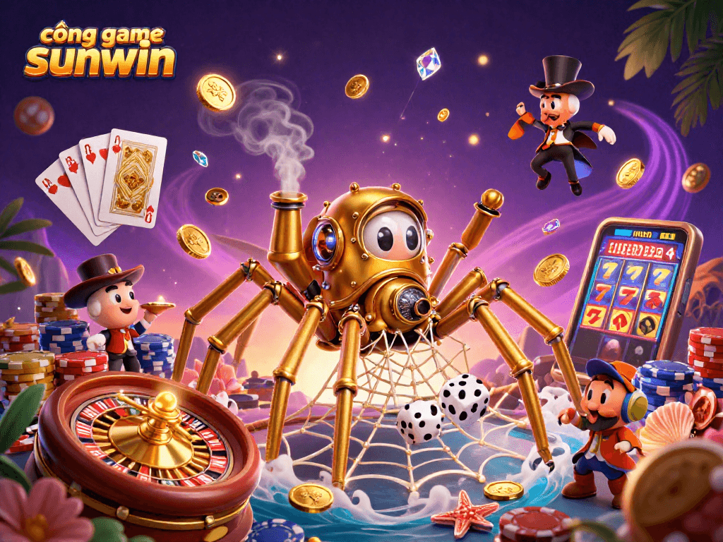 Engage with cổng game sunwin in this dynamic 3D casino illustration featuring gaming elements.